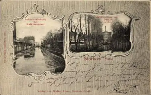 Ak Storkow in der Mark, Schleusenbrücke, Kalkbrennerei, Mühlenfließ, Dampfmühle