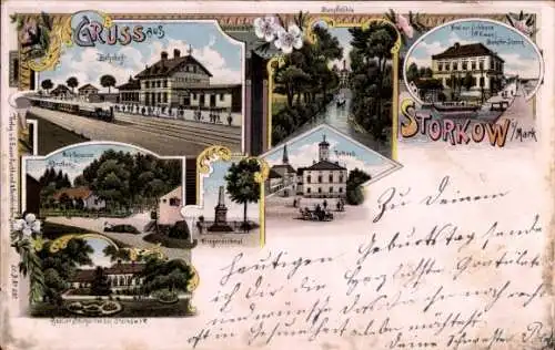 Litho Storkow in der Mark, Bahnhof, Gleisseite, Hotel zur Schleuse, Rathaus, Dampfmühle, Forsthaus