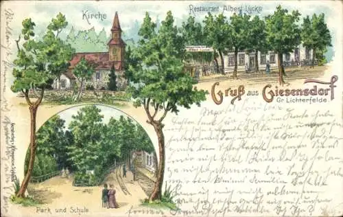 Litho Berlin Steglitz Groß Lichterfelde Giesensdorf, Kirche, Restaurant Albert Lücke, Park, Schule