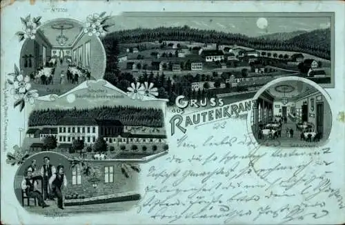 Mondschein Litho Rautenkranz im Vogtland, Schusters Gasthof, Bierversand, Kegelbahn, Gastzimmer
