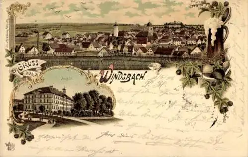 Litho Windsbach Mittelfranken, Gesamtansicht, Anstalt, Bierkrug