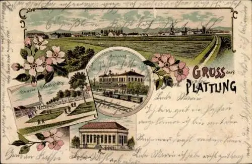 Litho Plattling Niederbayern, Bahnhof, Oberer Stadtplatz, Turnhalle