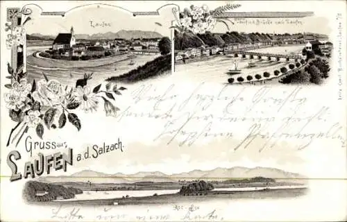 Litho Laufen an der Salzach Oberbayern, Panorama, Brücke