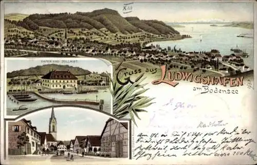 Litho Ludwigshafen am Bodensee, Gesamtansicht, Hafen, Zollamt