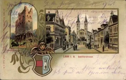 Wappen Passepartout Litho Lahr im Schwarzwald Baden, Schillerstraße, Ruine