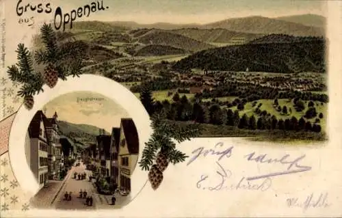 Litho Oppenau im Schwarzwald, Panorama, Hauptstraße