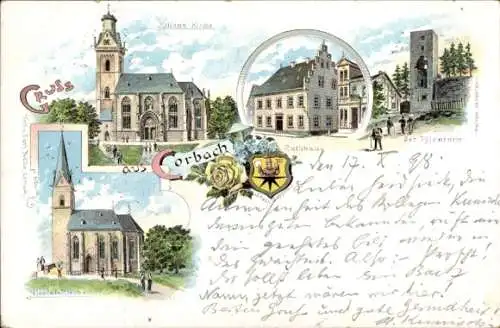 Litho Korbach in Hessen, Nicolai-Kirche, Rathaus, Tylenturm