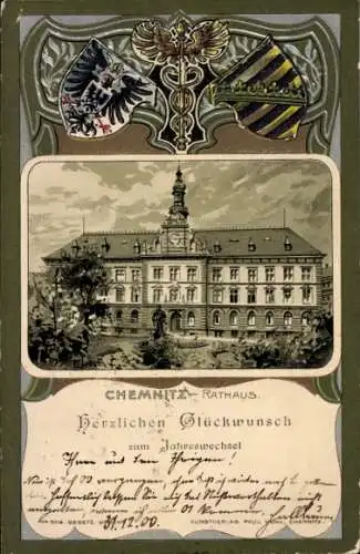 Präge Wappen Litho Chemnitz in Sachsen, Rathaus, Glückwunsch Neujahr