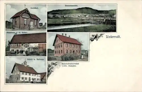 Ak Unterroth in Schwaben, Schule, Rathaus, Bahnhofsrestauration, Bahnhof, Handlung