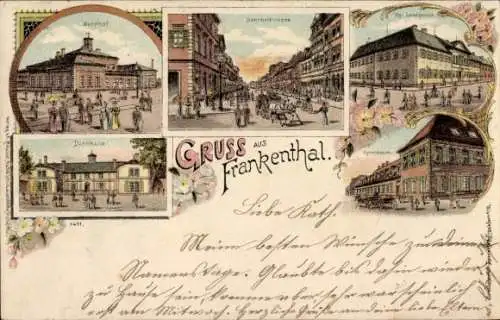 Litho Frankenthal in der Pfalz, Landgericht, Bahnhof, Stadtansichten