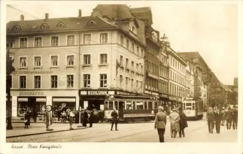 Ak Kassel, Obere Königstraße, Straßenbahnen, Geschäft J.G. Schäfer, Schlunk