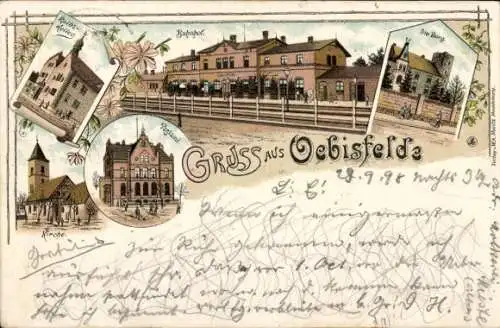 Litho Oebisfelde in Sachsen Anhalt, Bahnhof, Gleisseite, Postamt, Kirche, Burg