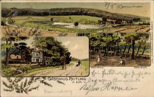 Litho Erkerode Niedersachsen, Gasthaus Reitling im Elm, Voss Mühle, Kegelbahn