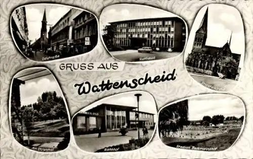 Ak Wattenscheid Bochum Ruhrgebiet, Rathaus, Bahnhof, Stadion Beckmannshof, Ehrenmal