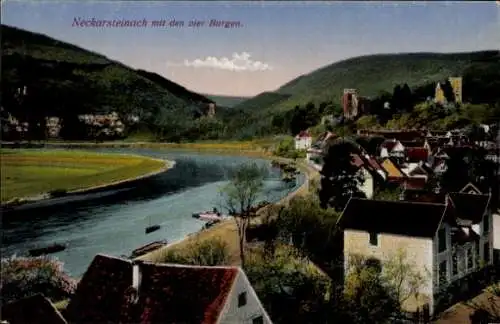 Ak Neckarsteinach im Kreis Bergstraße Hessen, Blick auf Ort mit den vier Burgen