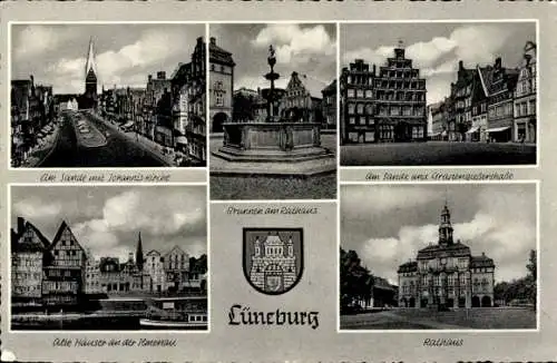 Ak Lüneburg in Niedersachsen, Wappen, Rathaus, Johanniskirche, Brunnen, alte Häuser