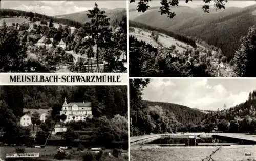 Ak Meuselbach Schwarzmühle Schwarzatal in Thüringen, Totalansicht, HOG Waldfrieden, Schwimmbad