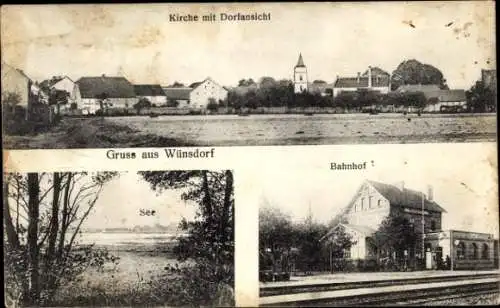 Ak Wünsdorf Zossen in Brandenburg, Kirche, Dorfansicht, See, Bahnhof