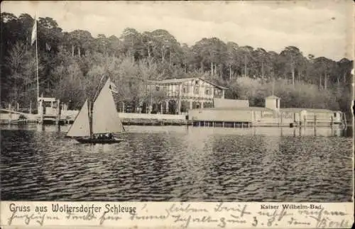 Ak Woltersdorf bei Berlin, Woltersdorfer Schleuse, Kaiser Wilhelm-Bad, Segelboot