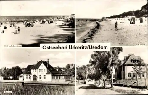 Ak Ückeritz Usedom an der Ostsee, Strand, Bahnhof, Strandstraße, Schule