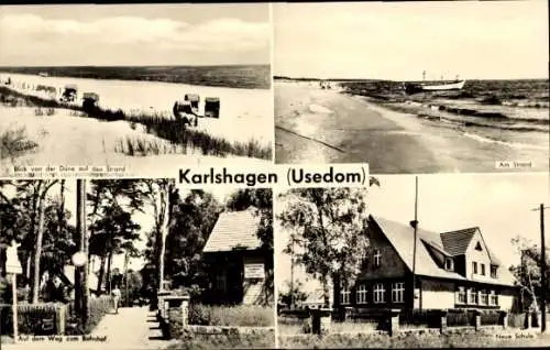 Ak Ostseebad Karlshagen auf Usedom, Strand, Neue Schule, Weg zum Bahnhof