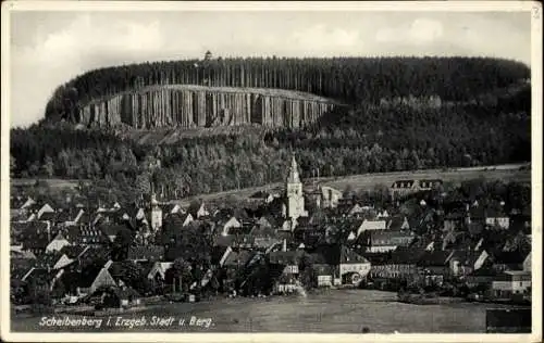 Ak Scheibenberg im Erzgebirge, Totalansicht, Berg, Unterkunftshaus Scheibenberg