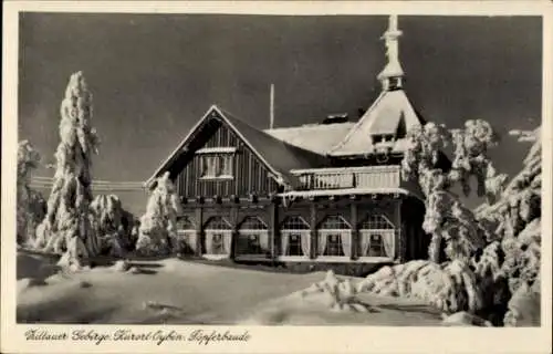 Ak Oybin in der Oberlausitz, Töpferbaude, Zittauer Gebirge, Winteransicht