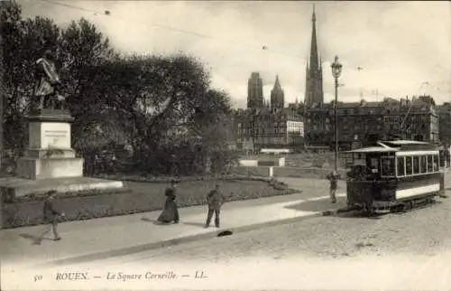 Ak Rouen Seine Maritime, Square Corneille, Straßenbahn