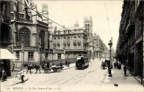 Ak Rouen Seine-Maritime, Rue Jeanne d'Arc, Straßenbahn