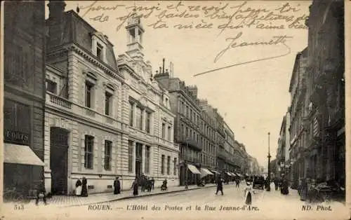 Ak Rouen Seine-Maritime, l'Hotel des Postes, Rue Jeanne-d'Arc