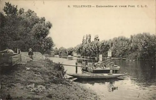 Ak Villennes sur Seine Yvelines, Embarcadere, alte Brücke