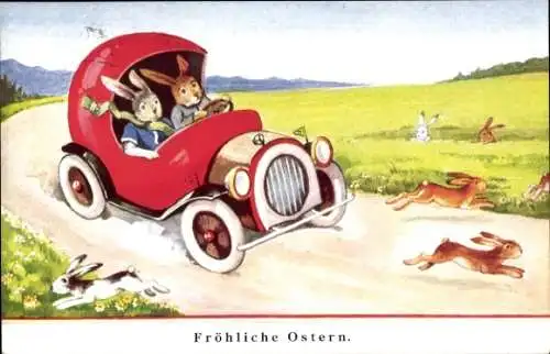 Ak Glückwunsch Ostern, Osterhasen im Auto