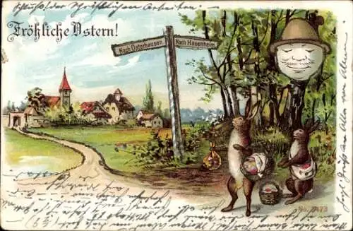 Litho Glückwunsch Ostern, Osterhasen mit Eiern, Osterhausen, Hasenheim