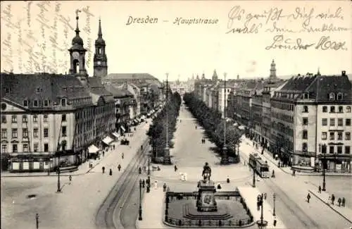 Ak Dresden Neustadt, Hauptstraße, Türme, Denkmal, Straßenbahn, Allee