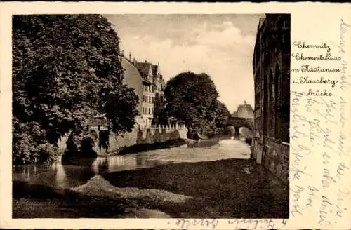 Ak Chemnitz in Sachsen, Chemnitzfluss, Kastanien, Kassbergbrücke