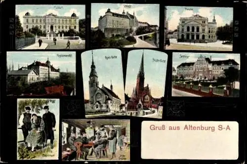 Ak Altenburg in Thüringen, Schloss, Theater, Agnes-Kirche, Brüderkirche, Seminar, Bauerntracht