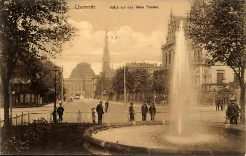 Ak Chemnitz in Sachsen, Neues Theater, Wasserfontäne