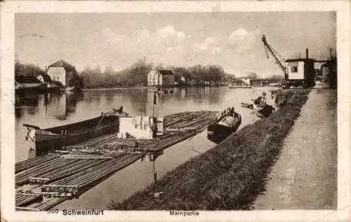 Ak Schweinfurt in Unterfranken Bayern, Main, Boote, Floß, Kran