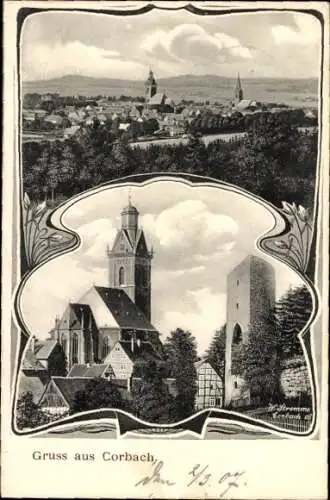 Passepartout Ak Korbach in Hessen, Panorama, Kirche, Turm