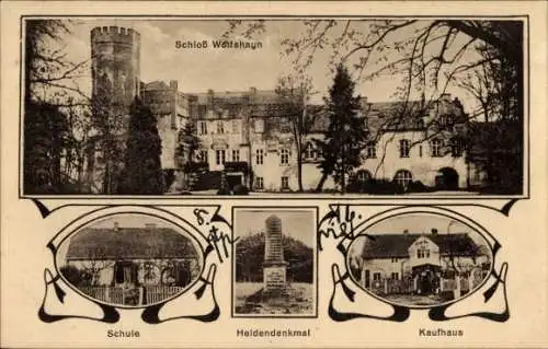 Ak Wilczy Las Wolfshayn Schlesien, Schloss, Schule, Kaufhaus, Heldendenkmal