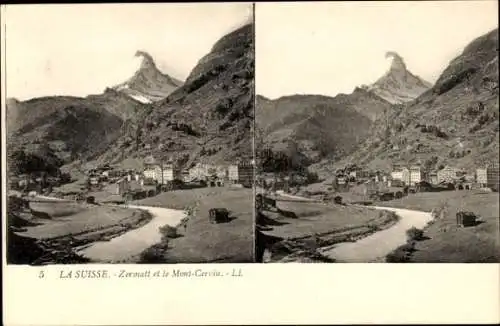 Stereo Ak Zermatt Kt. Wallis, Panorama, Matterhorn