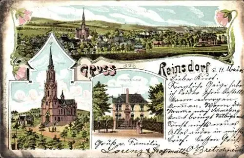 Litho Reinsdorf in Sachsen, Kriegerdenkmal, Kirche, Totalansicht