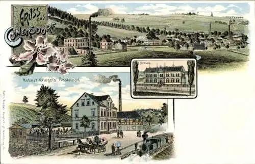 Litho Cunersdorf Kirchberg Sachsen, Robert Kriegel´s Restaurant, Schule, Panorama vom Ort