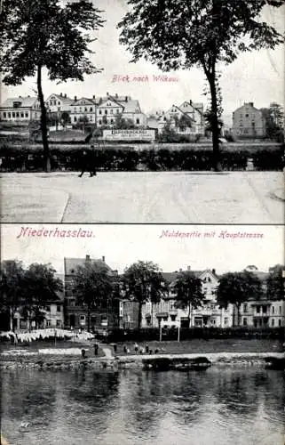 Ak Niederhaßlau Wilkau Haßlau in Sachsen, Muldepartie mit Hauptstraße, Buchbinderei Max Bley