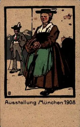 Ak Ausstellung München 1908, Frau in Tracht