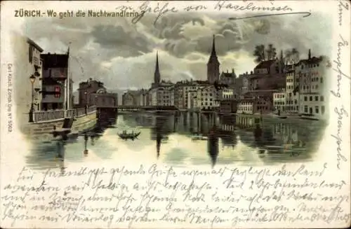 Litho Zürich Stadt Schweiz, Stadtansicht bei Nacht