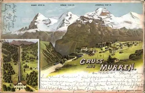 Litho Mürren Kanton Bern Schweiz, Panorama, Bergbahn