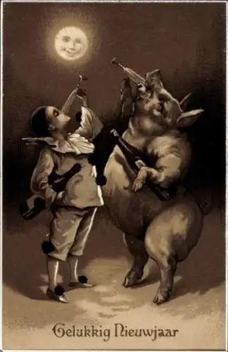 Ak Glückwunsch Neujahr, Kind und Schwein trinken Sekt