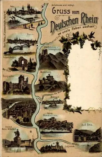 Litho Bonn am Rhein, Bad Ems, Neuwied, Köln, Denkmal Kaiser Wilhelm I.