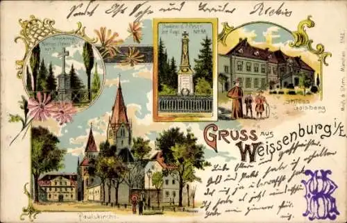 Litho Wissembourg Weißenburg Elsass Bas Rhin, Denkmal Gren. Regt. 7, Schloss Gaisberg, Paulskirche